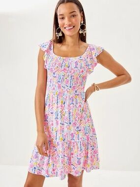 Lilly Pulitzer Pink Multicolor Smocked Flutter-Sleeve Mini Dress